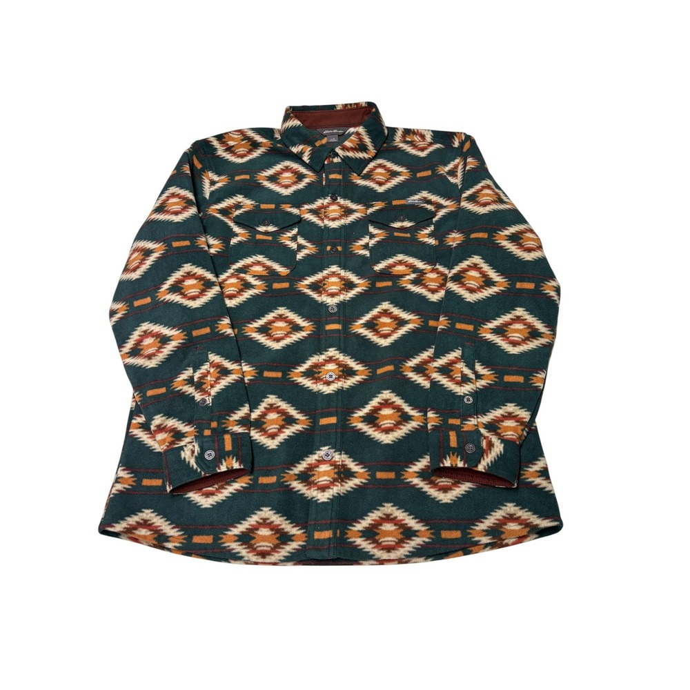 Eddie Bauer Mens Fleece Shirt Large Teal Southwestern Geometric Print 13102940